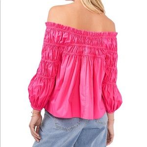Vince Camuto Off-Shoulder Woven Poplin Smocked Long Sleeve Blouse